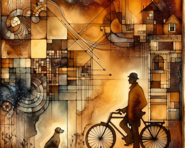Silhouette of a Man on Bicycle with Dog in Abstract Art