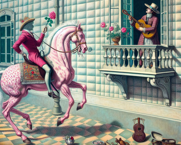 Whimsical Scene of Pink Horse and Musician at Window