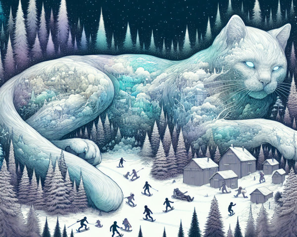 Ethereal White Cat in a Winter Landscape Scene