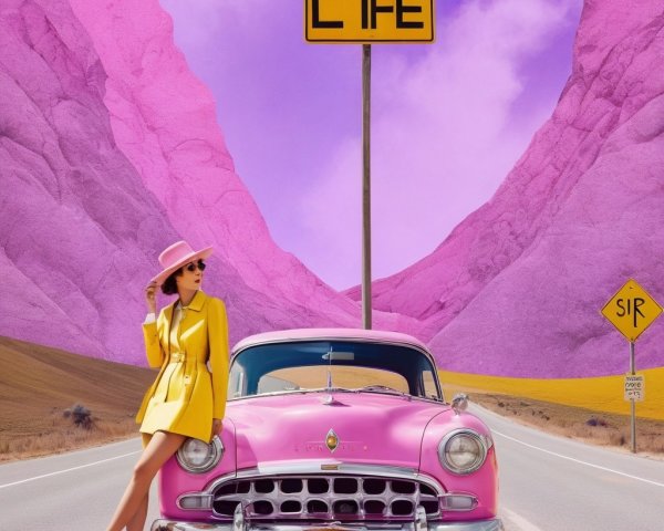 Woman in Yellow Dress by Pink Car on Open Road