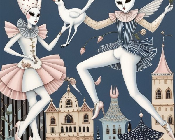 Whimsical Characters in Costumes Dance Against Blue Background