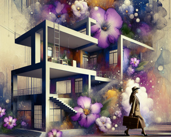 Surreal Scene of Abstract House and Colorful Flowers