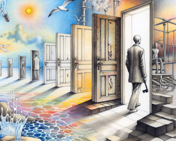 Surreal Landscape with Open Doors and Diverse Environments