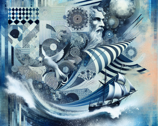 Vibrant Abstract Artwork with Ship and Mythical Figure