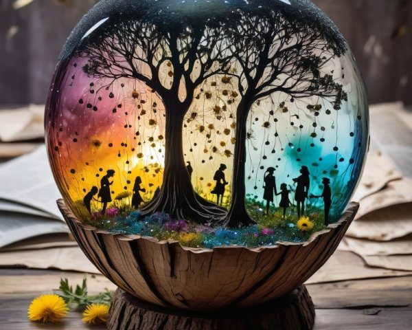 Glass Dome with Colorful Trees and Playful Figures