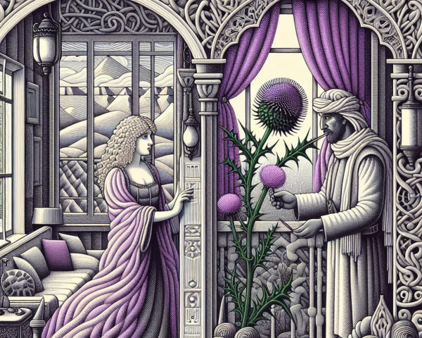 Lavender Gown and Thistle Flower in Ornate Room