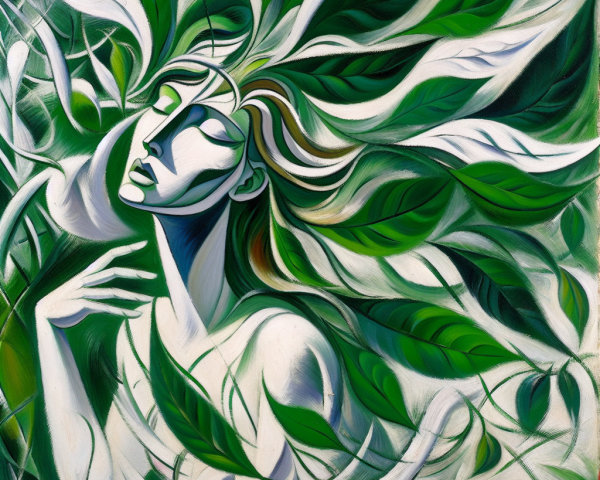 Stylized Female Figure Entwined with Green Leaves