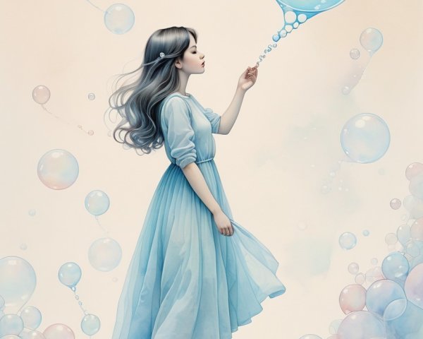 Girl in Light Blue Dress with Pastel Bubbles