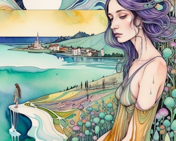 Surreal Landscape with Serene Woman and Dreamlike Scenery