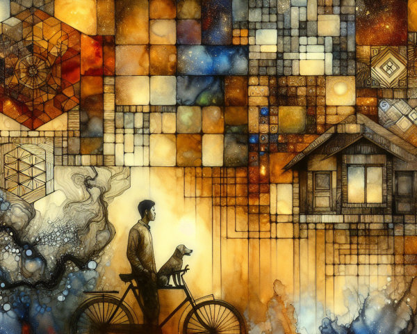 Man on Bicycle with Dog in Abstract Colorful Landscape