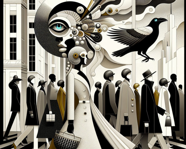 Surreal Urban Scene with Abstract Figures and Patterns