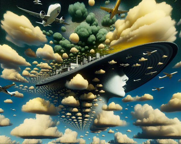 Surreal Landscape with City and Floating Hat Structure