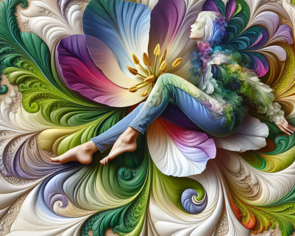 Surreal Figure Amidst Intricate Floral Design