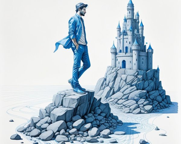 Solitary Figure Overlooking Fairytale Castle Scene
