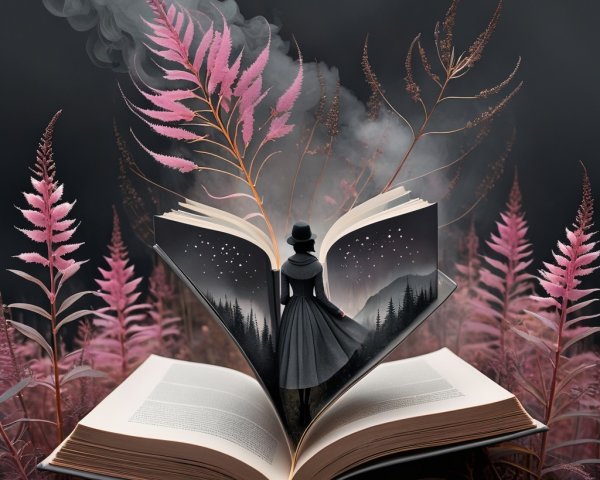 Whimsical Scene of a Cloaked Figure in an Open Book