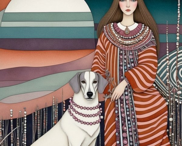 Serene Artwork of Woman, Dog, and Abstract Landscape