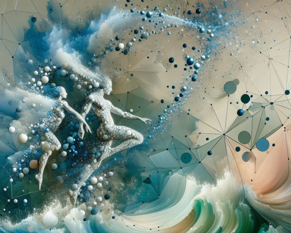 Abstract Figures Surfing on Vibrant Colorful Wave