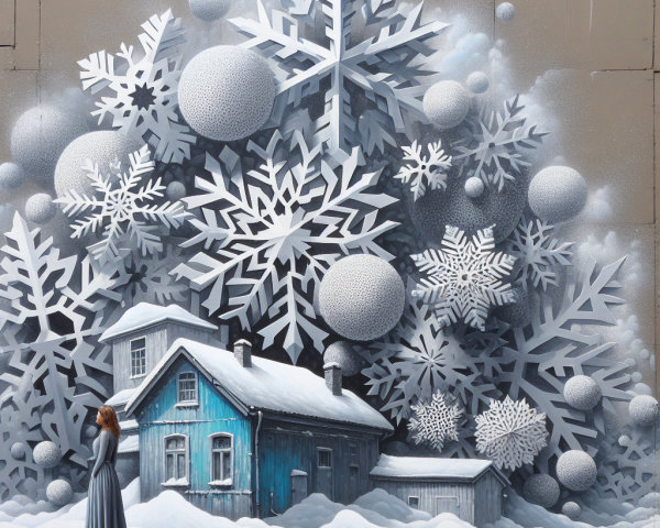 Serene Winter Mural with Blue House and Snowflakes