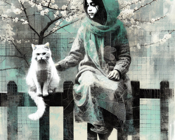 Young girl in robe with cat by cherry blossoms