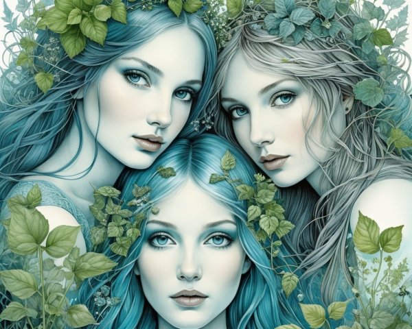 Ethereal Women in Lush Greenery Artwork Description