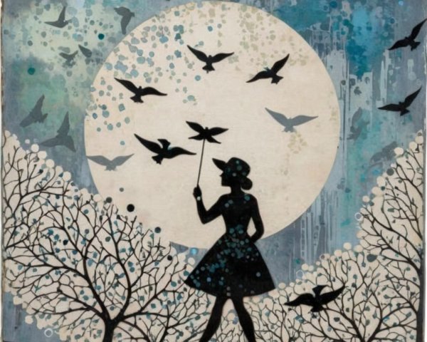 Silhouetted Girl with Pinwheel and Moonlit Birds