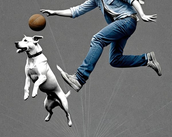 Young man with angelic wings and dog playing basketball
