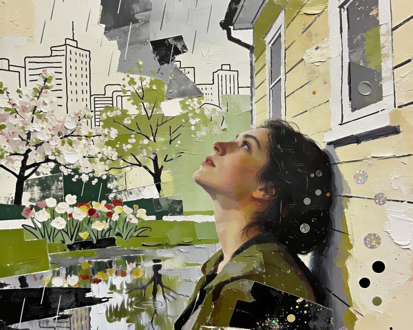Woman in Green Jacket Under Rain by Yellow House