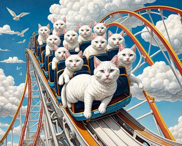 Whimsical Roller Coaster with Cats in Blue Harnesses