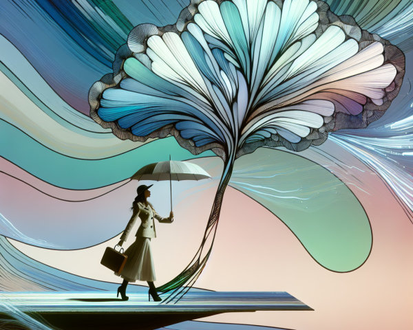 Sophisticated Figure with Umbrella on Abstract Platform
