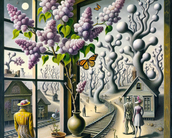 Surreal Landscape with Lilacs and Dreamlike Elements