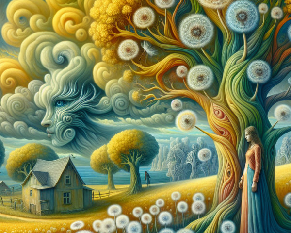 Surreal Landscape with Dandelion Tree and Woman