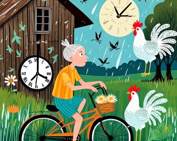 Elderly Person Cycling in Vibrant Green Landscape