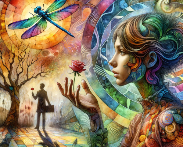 Surreal Landscape with Woman, Rose, and Dreamlike Elements