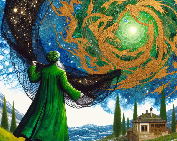 Mystical Figure in Green Robe on Vibrant Landscape