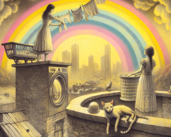Surreal Rooftop Scene with Women and Rainbow Background