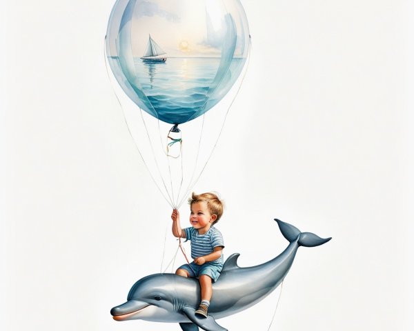 Child on Dolphin with Colorful Balloons and Ocean Scene