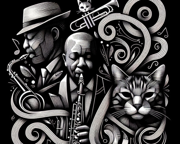 Black-and-White Illustration of Jazz Musicians and Cat