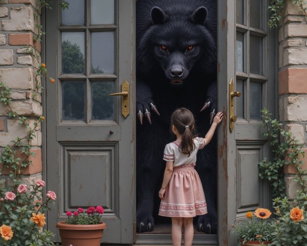 Little Girl and Menacing Black Bear at Doorway