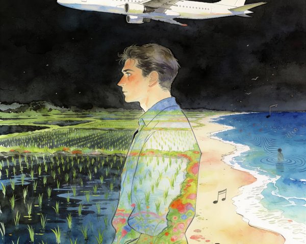 Watercolor Painting of Young Man and Scenic Landscape