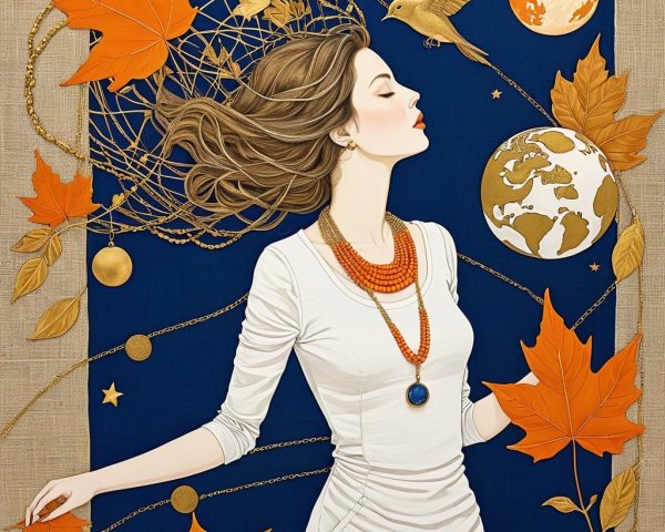 Serene Woman in White Dress with Autumn Elements