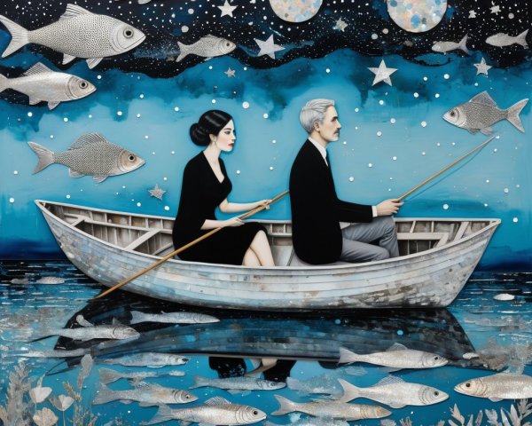 Couple Fishing on Tranquil Lake Under Starry Sky