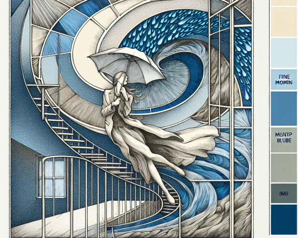 Woman with Umbrella Surrounded by Waves and Stairs