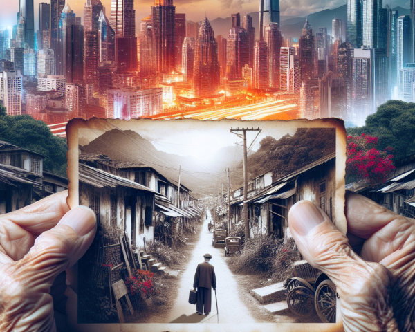 Contrast of Modern Cityscape and Rustic Past Photo