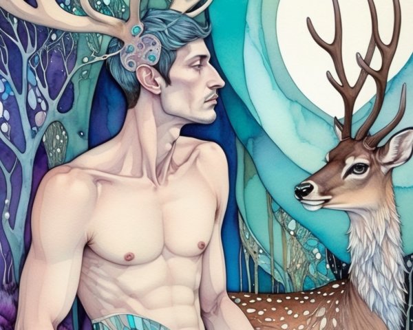 Surreal Artwork of a Man with Antlers and Deer