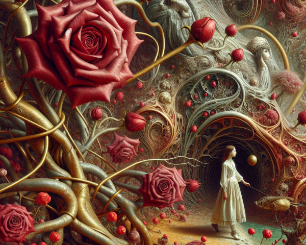 Surreal Landscape with Young Figure and Red Roses