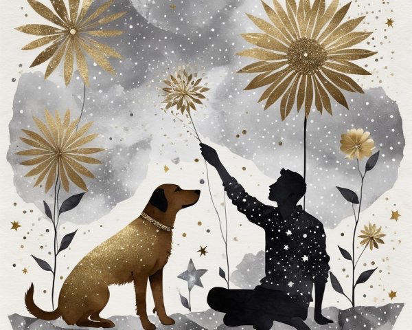 Silhouette of a boy and dog in a starry scene