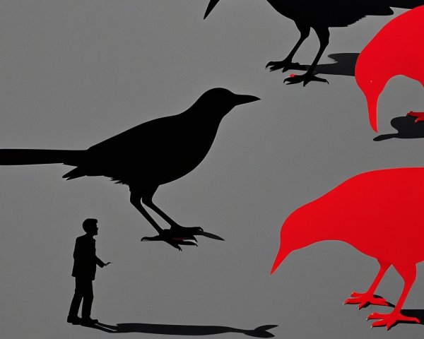Silhouette of a man with large stylized birds