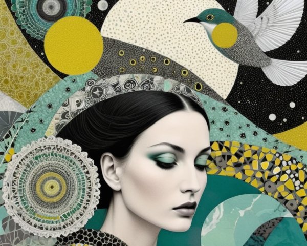 Serene Woman with Abstract Patterns and Bird Motif