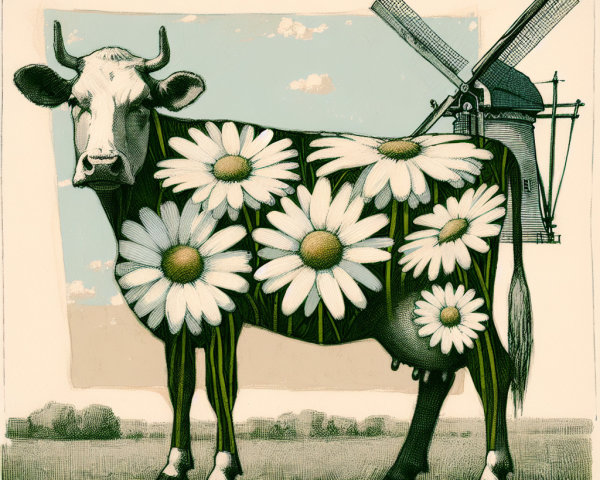 Whimsical Cow Illustration with Daisies and Windmill