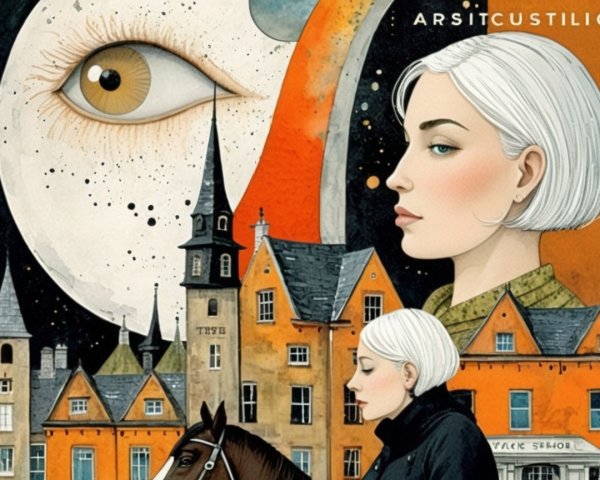 Surreal Artwork of Woman in Whimsical Village Scene